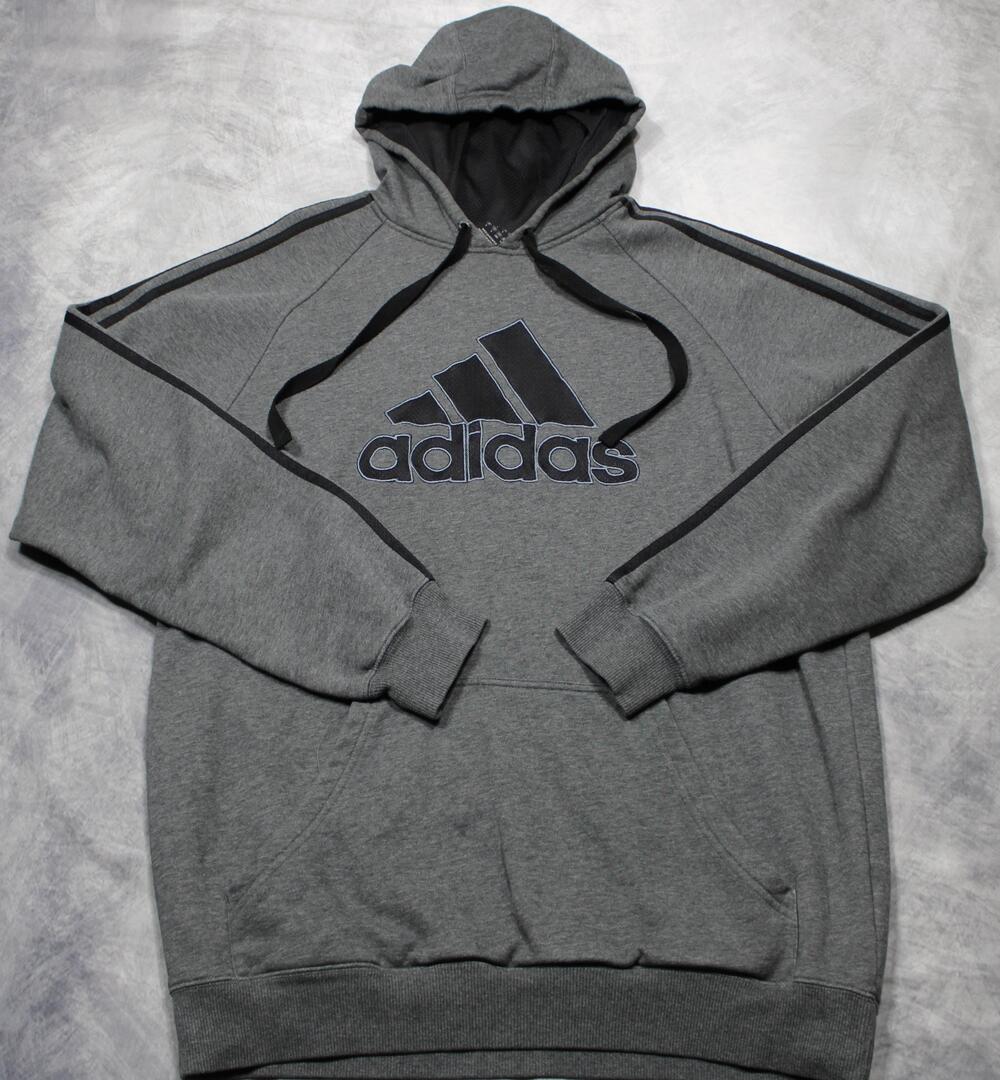 Adidas Hoodie Mens Large Gray Fleece Pullover Logo 3-Stripes Athletic Sweatshirt